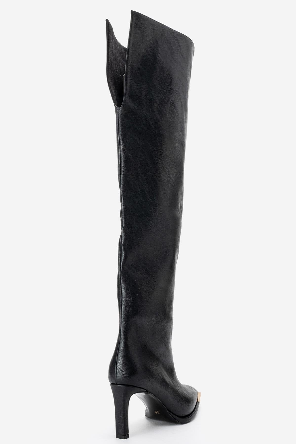 Vody - Black Over-The-Knee Zip Stiletto Boot – back view showing leather, black, Vowalisse