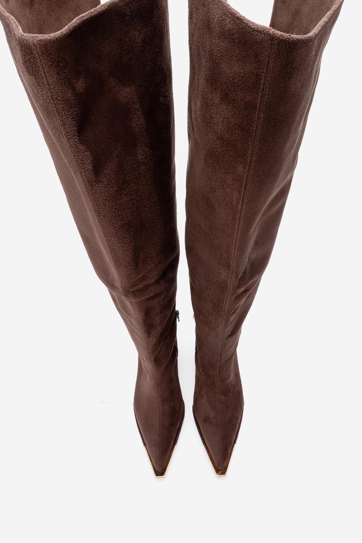 Vody - Brown Suede Zip Over-The-Knee Stiletto Boot – side view showing suede, Vowalisse