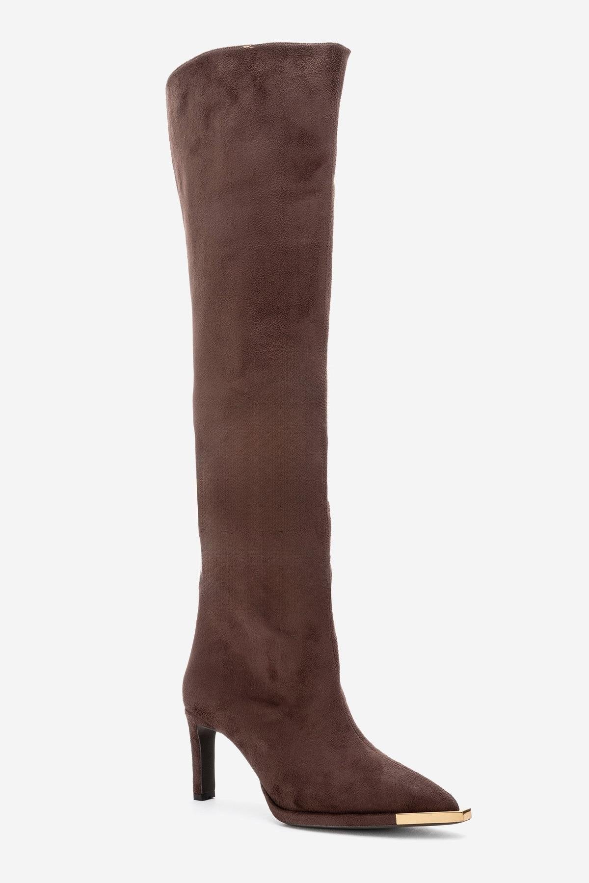 Vody - Brown Suede Zip Over-The-Knee Stiletto Boot – detail view showing suede, Vowalisse