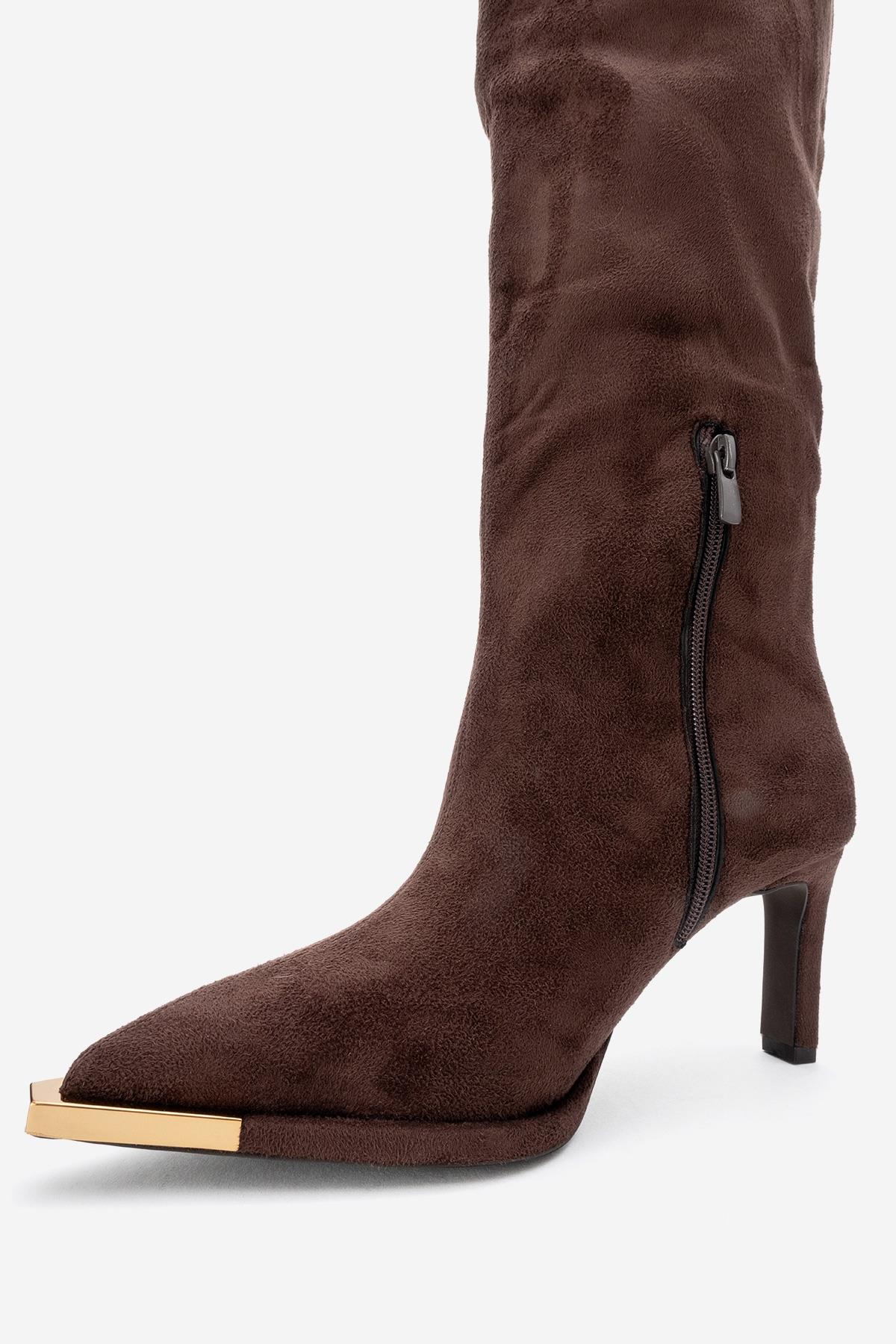 Vody - Brown Suede Zip Over-The-Knee Stiletto Boot – heel view showing suede, Vowalisse