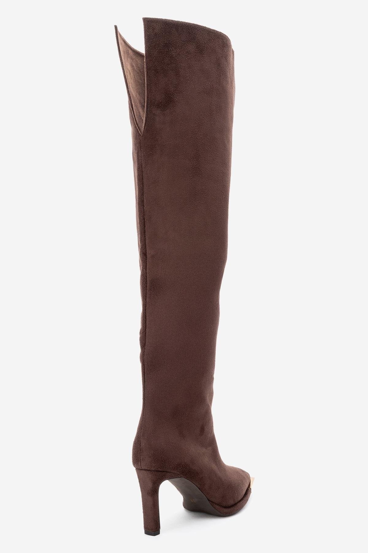 Vody - Brown Suede Zip Over-The-Knee Stiletto Boot – back view showing suede, Vowalisse