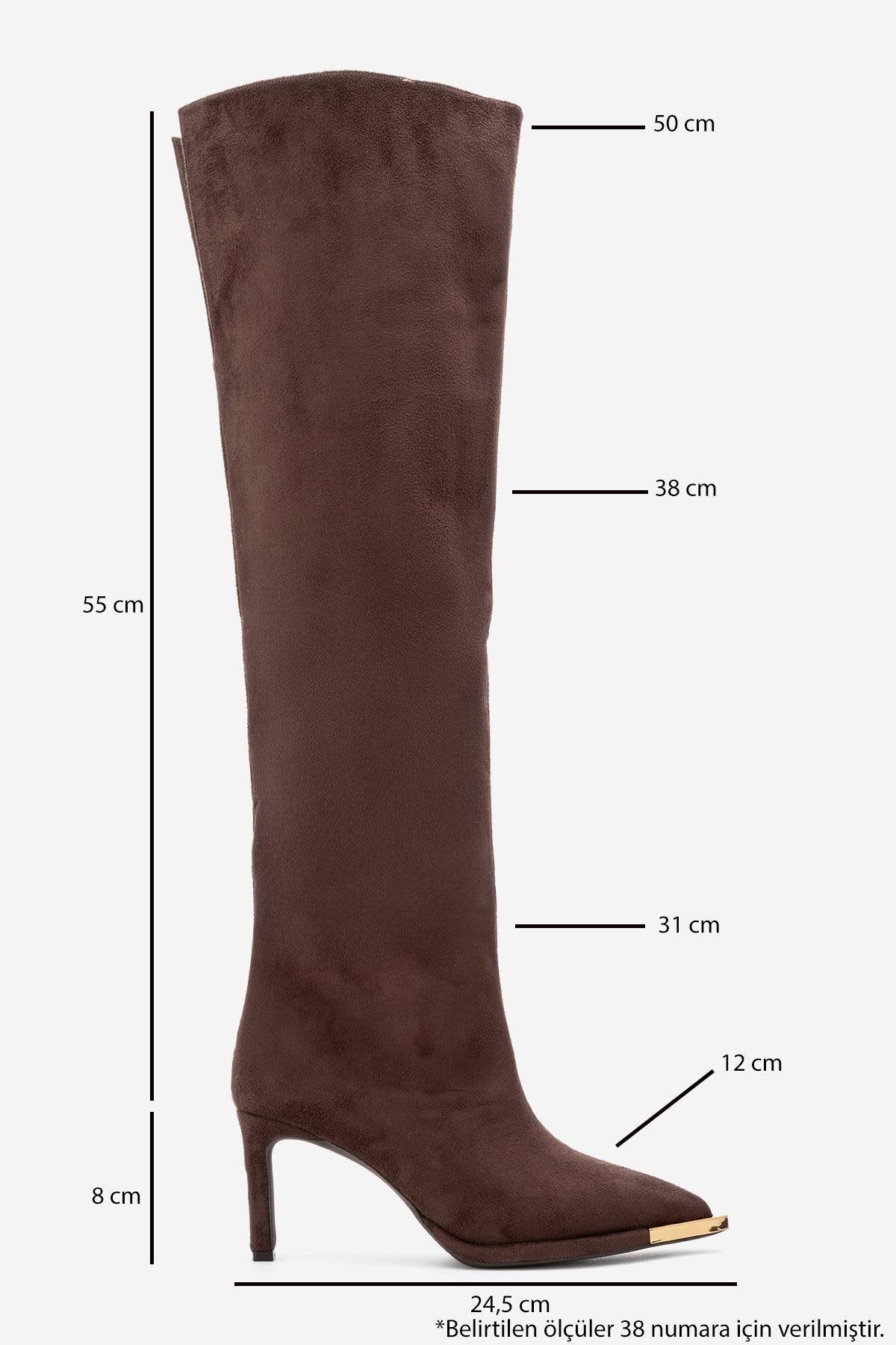Vody - Brown Suede Zip Over-The-Knee Stiletto Boot – top view showing suede, Vowalisse