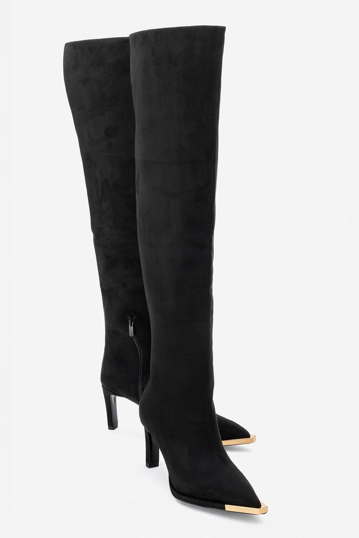 Vody - Black Suede Zip Over-The-Knee Stiletto Boot – front three-quarter view showing suede, black, Vowalisse