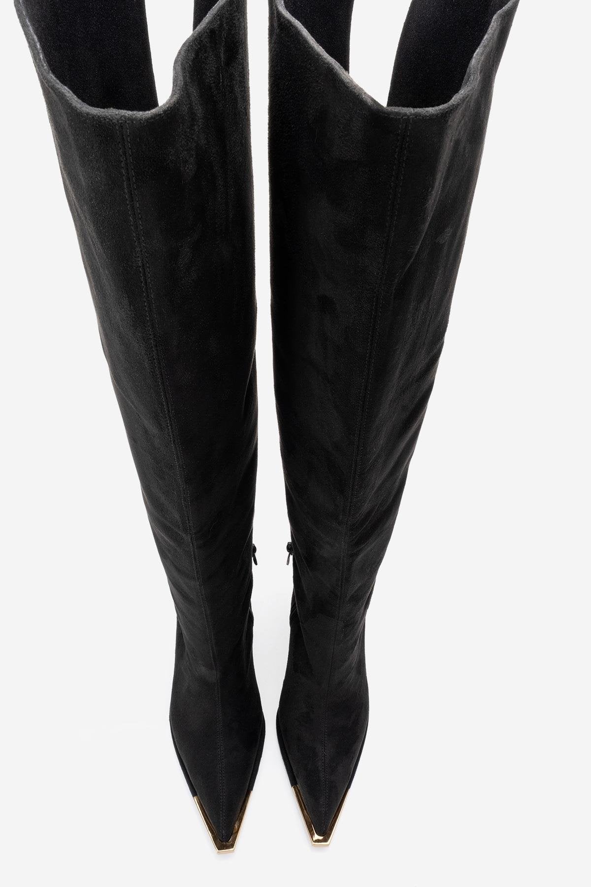 Vody - Black Suede Zip Over-The-Knee Stiletto Boot – side view showing suede, black, Vowalisse