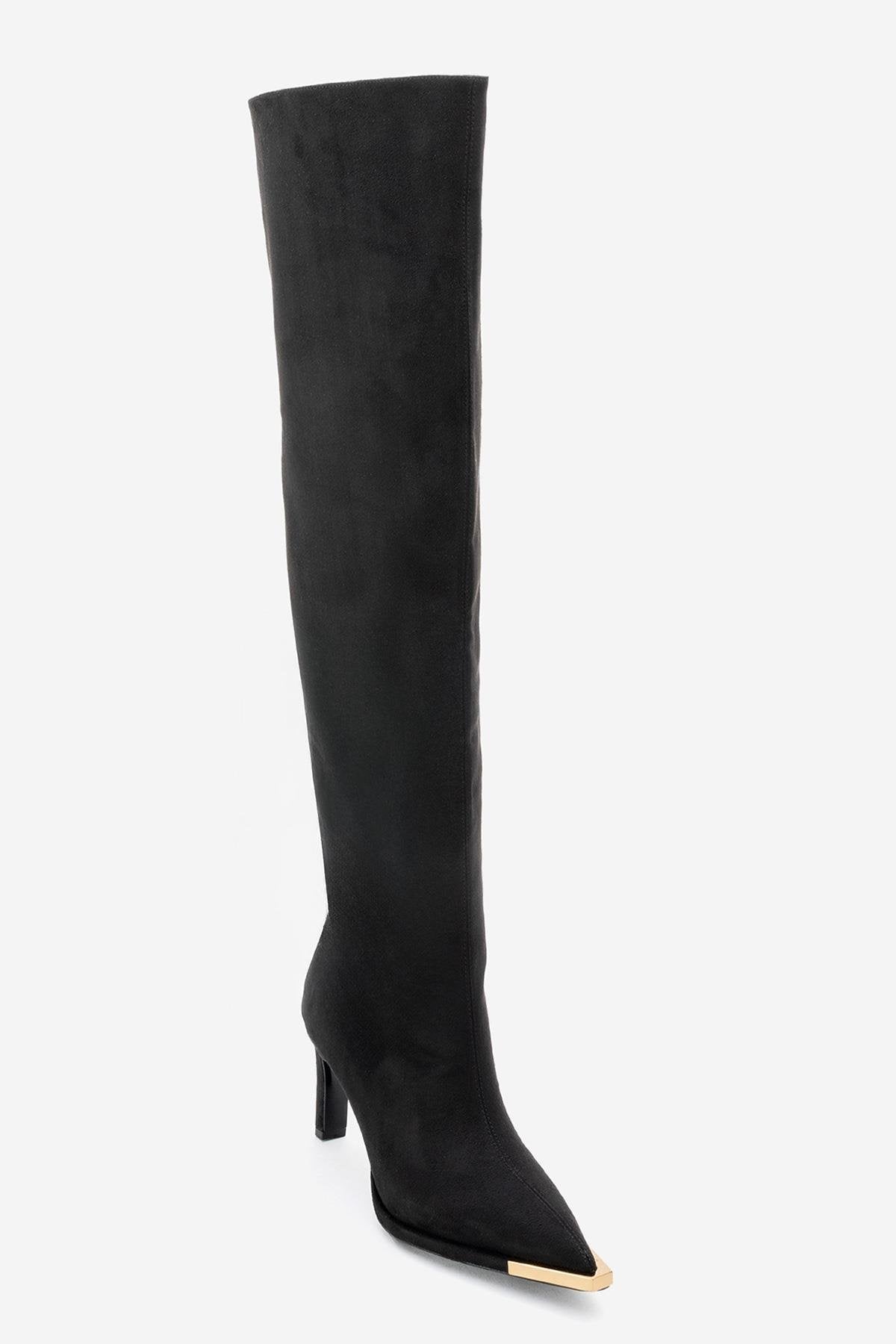 Vody - Black Suede Zip Over-The-Knee Stiletto Boot – detail view showing suede, black, Vowalisse