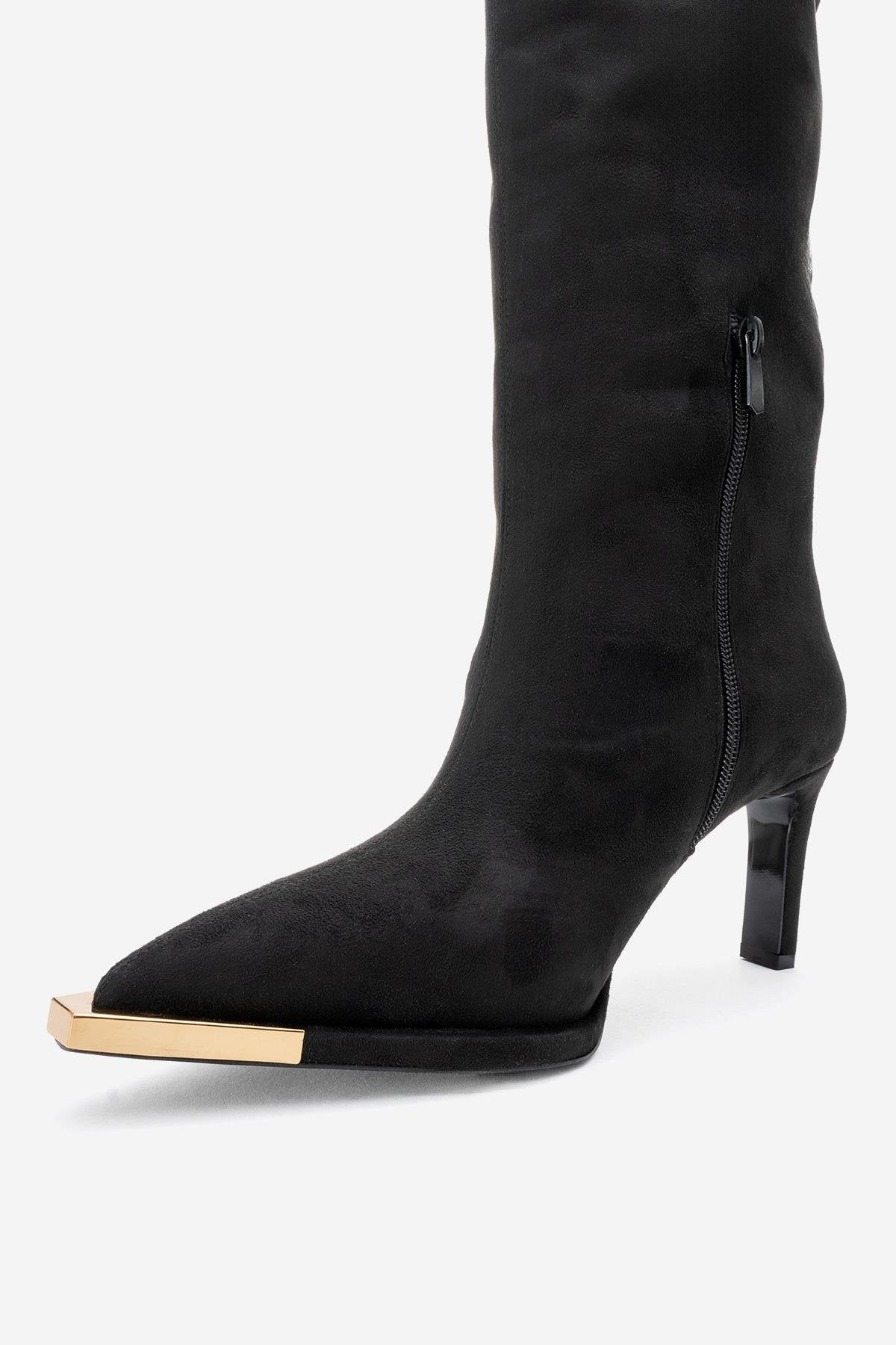 Vody - Black Suede Zip Over-The-Knee Stiletto Boot – heel view showing suede, black, Vowalisse