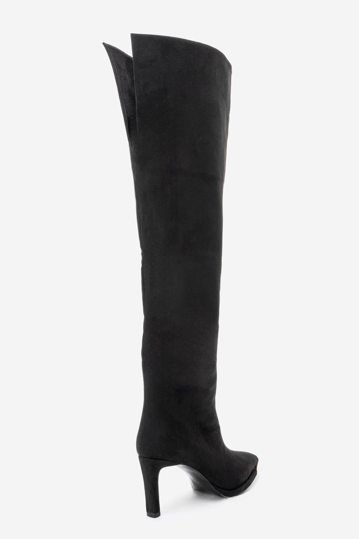 Vody - Black Suede Zip Over-The-Knee Stiletto Boot – back view showing suede, black, Vowalisse