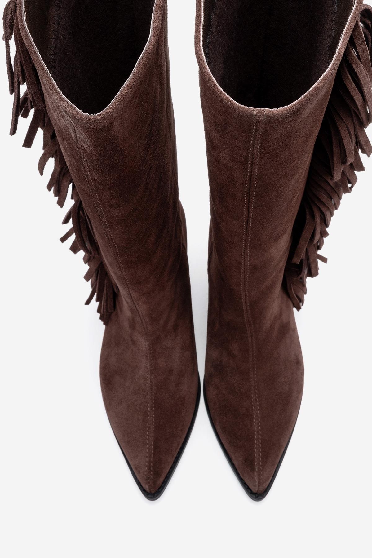 Orlo - Brown Suede Genuine Leather Fringed Western Boot – side view showing leather, suede, Vowalisse