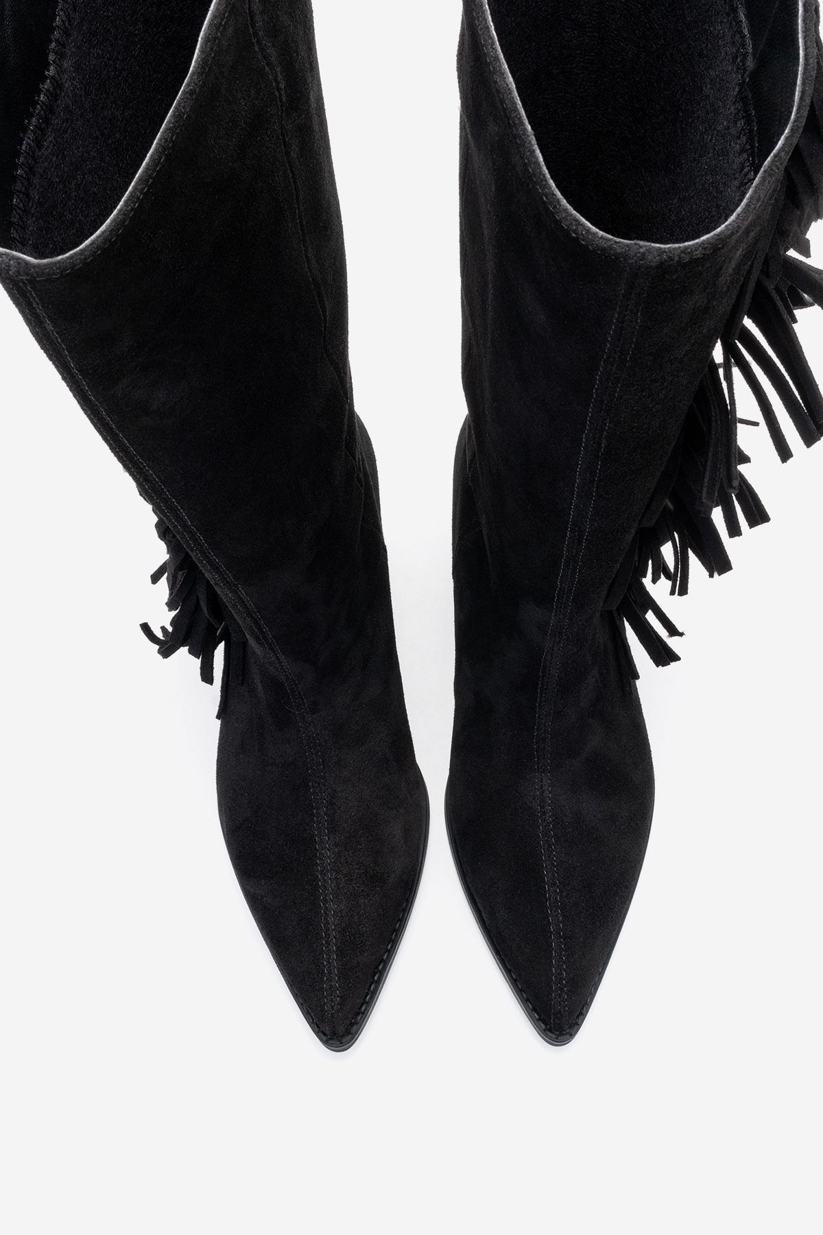 Orlo - Black Suede Genuine Leather Fringed Western Boot – side view showing leather, suede, black, Vowalisse