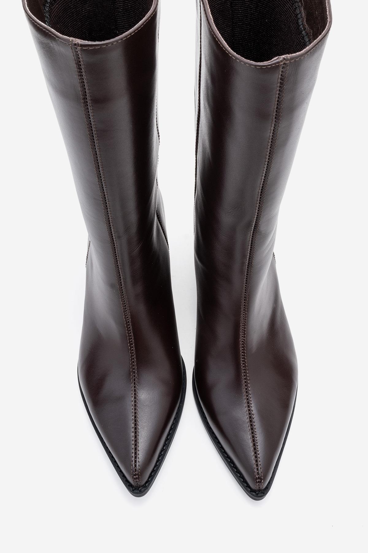 Juana - Brown Genuine Leather Pointed Toe Boot – side view showing leather, red, Vowalisse