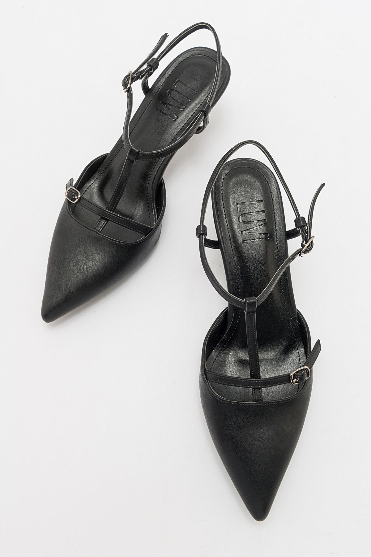 Frans - Black Pointed Toe Backless Low Heel Shoe – side view showing leather, black, Vowalisse