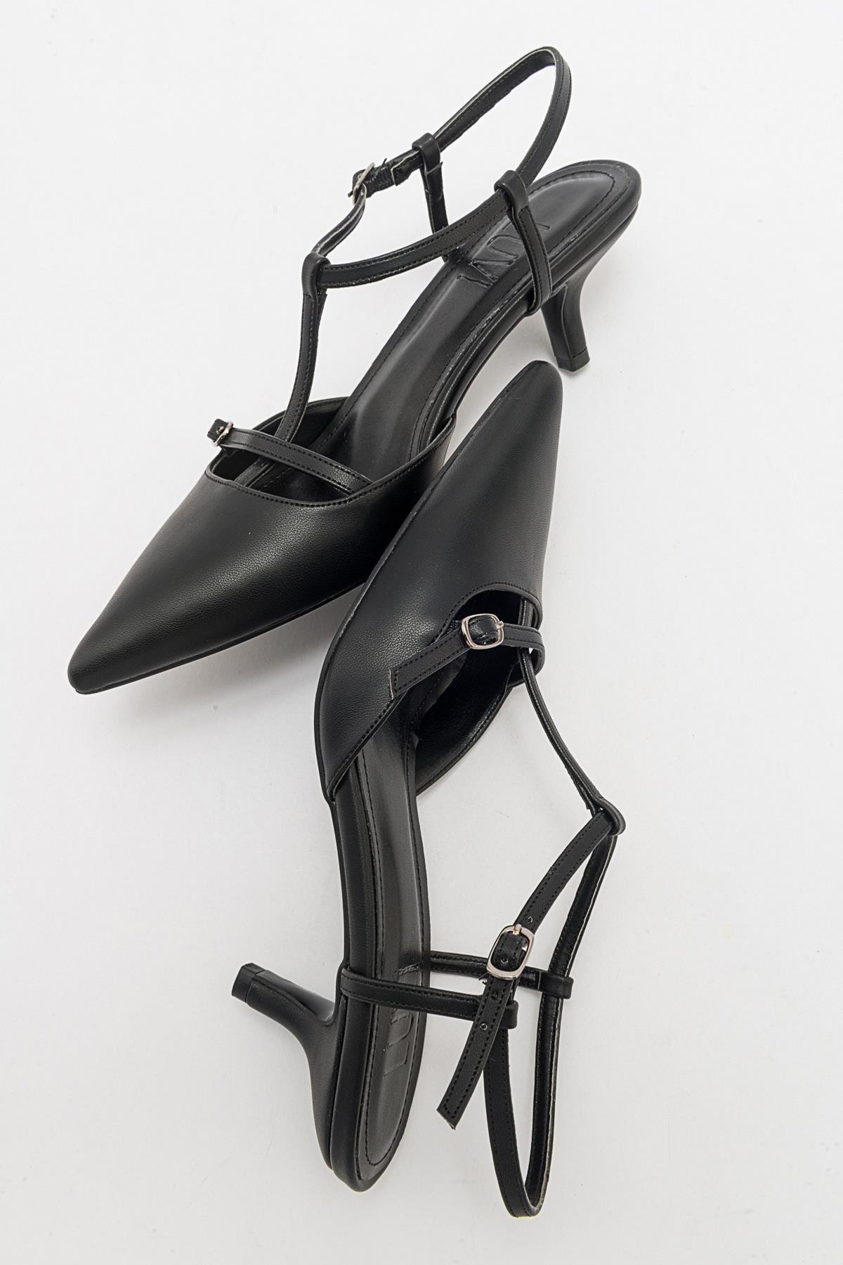 Frans - Black Pointed Toe Backless Low Heel Shoe – detail view showing leather, black, Vowalisse
