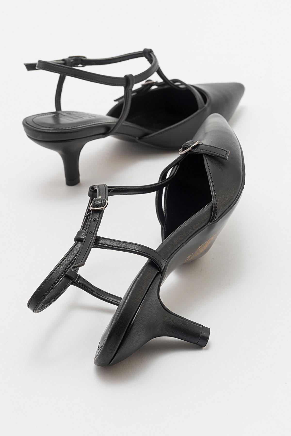 Frans - Black Pointed Toe Backless Low Heel Shoe – heel view showing leather, black, Vowalisse