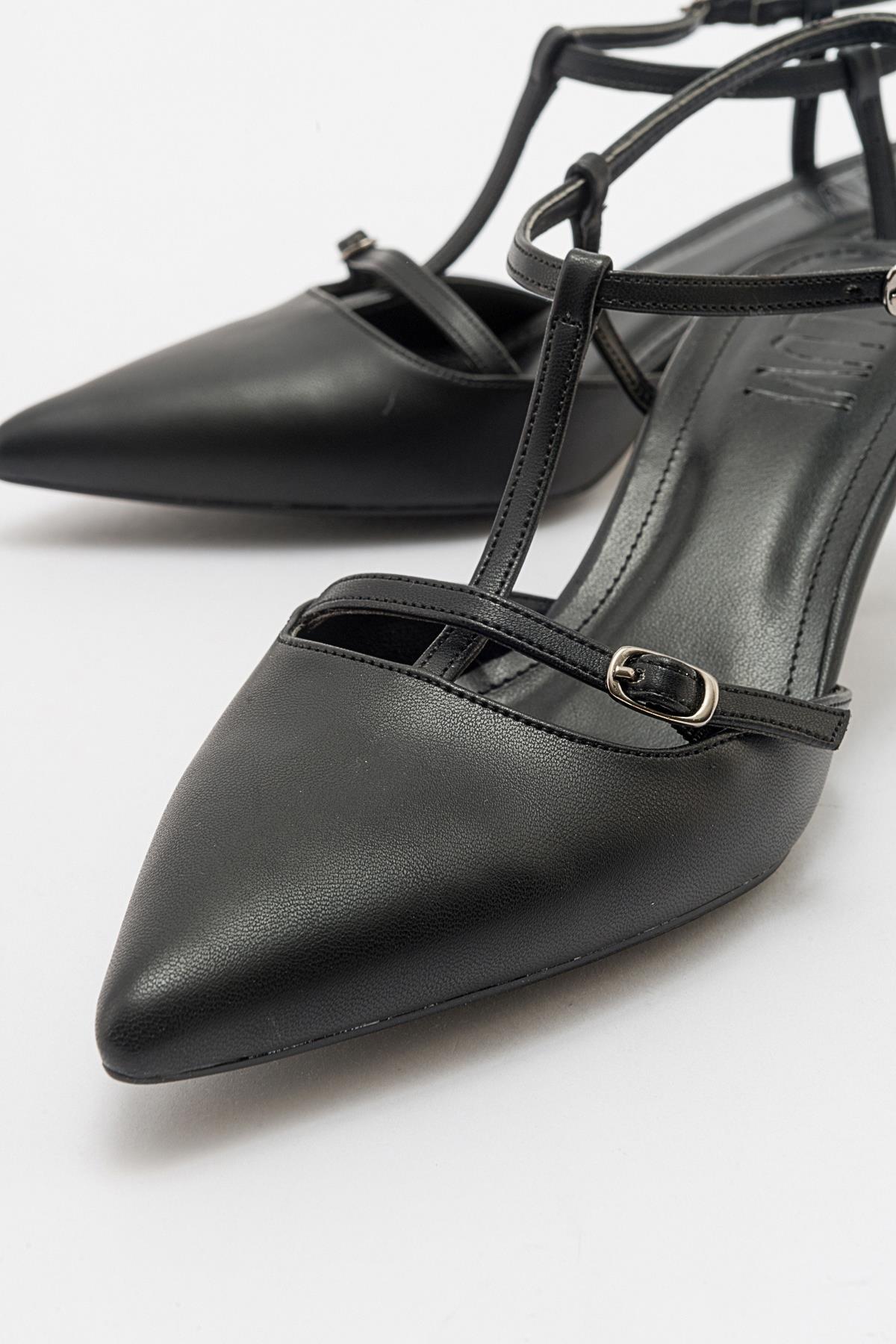 Frans - Black Pointed Toe Backless Low Heel Shoe – back view showing leather, black, Vowalisse