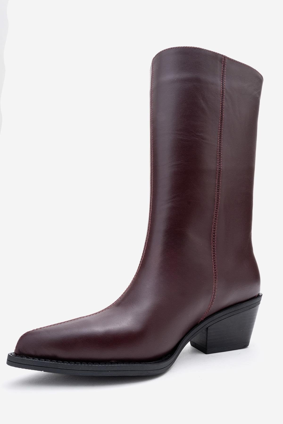 Juana - Burgundy Genuine Leather Pointed Toe Boot – heel view showing leather, Vowalisse