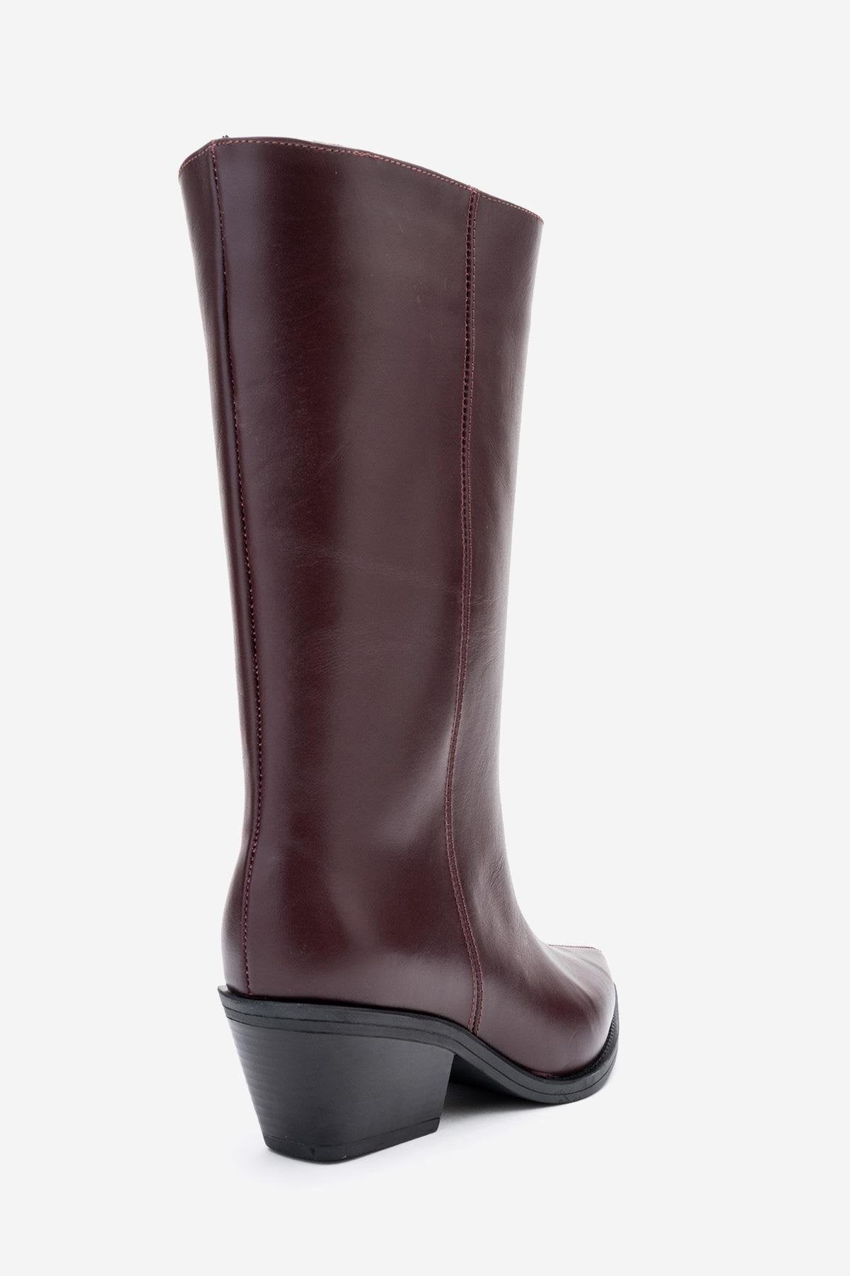 Juana - Burgundy Genuine Leather Pointed Toe Boot – back view showing leather, Vowalisse