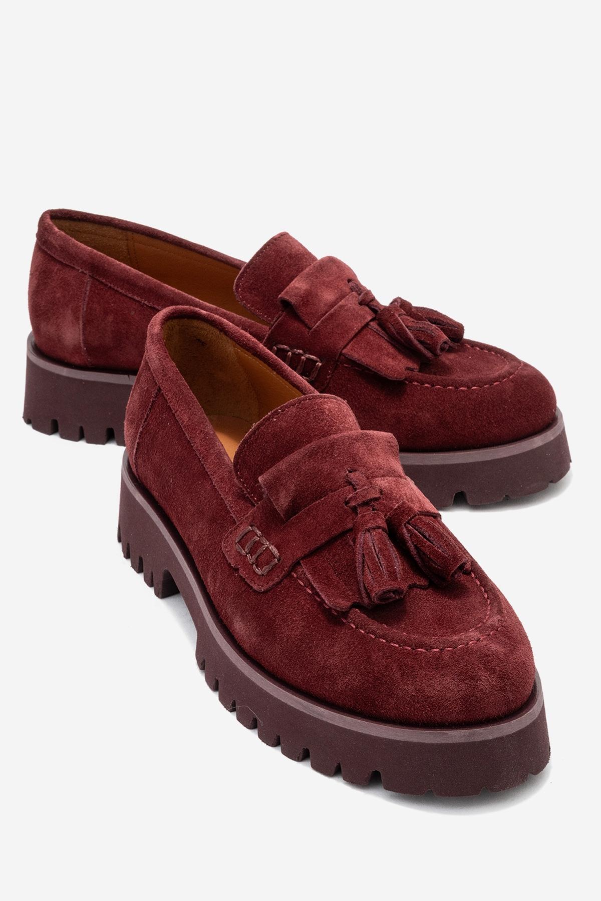 Poen - Burgundy Suede Genuine Leather Tassel Loafer – front three-quarter view showing leather, suede, Vowalisse