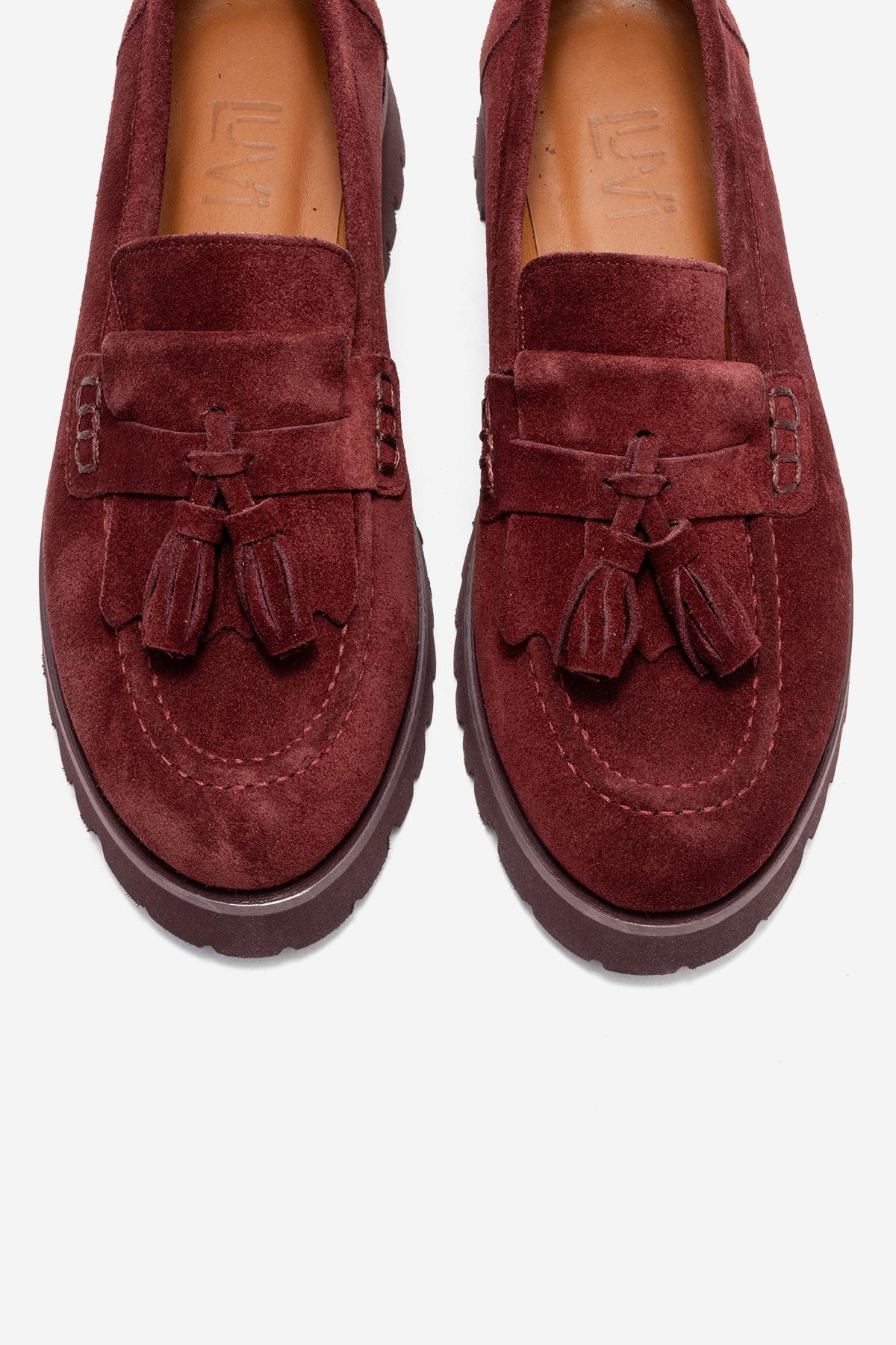 Poen - Burgundy Suede Genuine Leather Tassel Loafer – side view showing leather, suede, Vowalisse