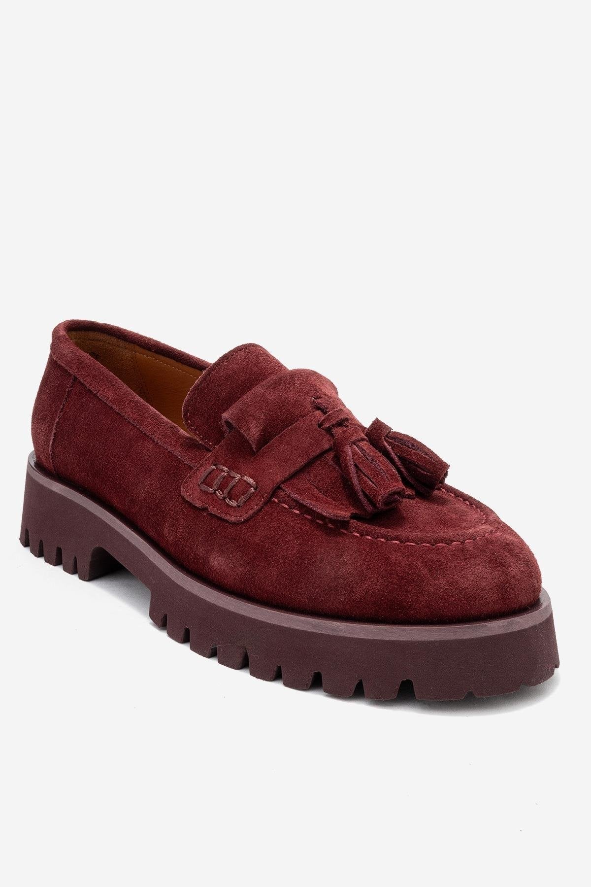 Poen - Burgundy Suede Genuine Leather Tassel Loafer – detail view showing leather, suede, Vowalisse