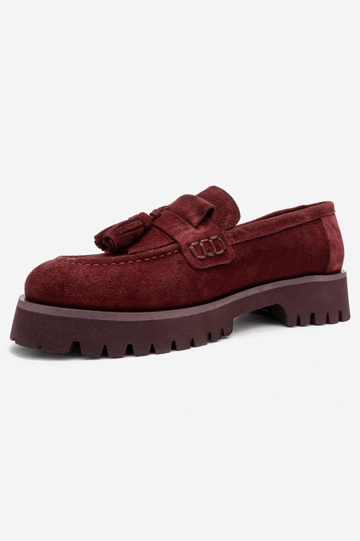 Poen - Burgundy Suede Genuine Leather Tassel Loafer – heel view showing leather, suede, Vowalisse