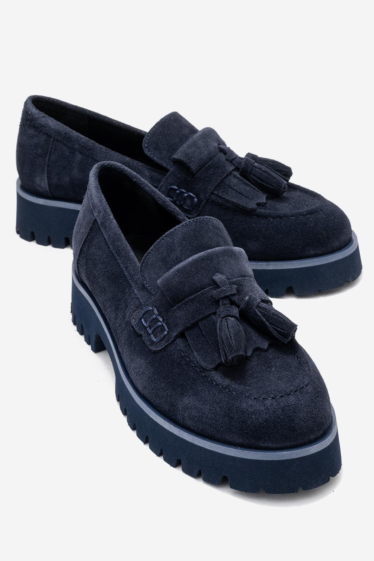 Poen - Navy Suede Genuine Leather Tassel Loafer – front three-quarter view showing leather, suede, Vowalisse