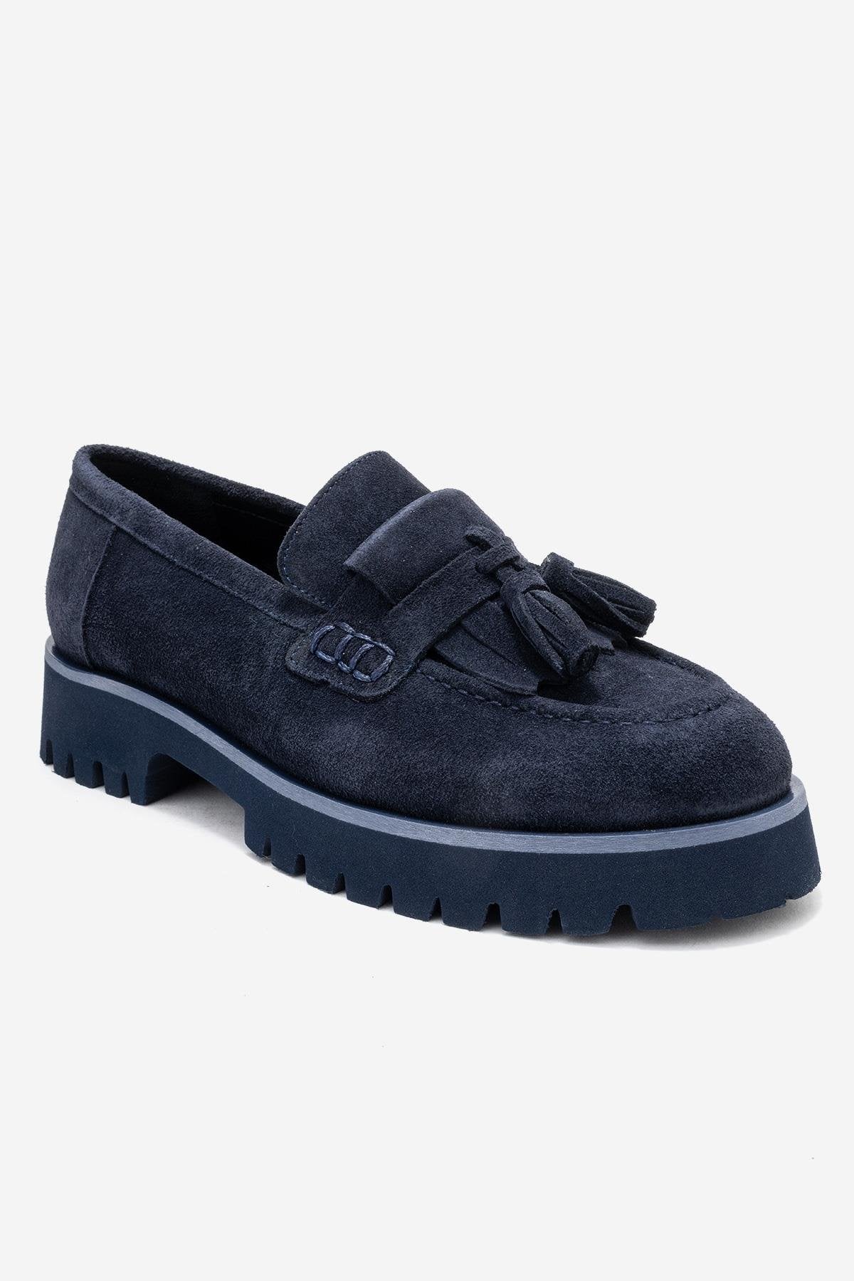 Poen - Navy Suede Genuine Leather Tassel Loafer – detail view showing leather, suede, Vowalisse