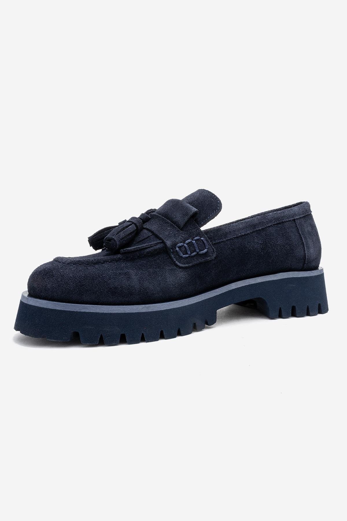 Poen - Navy Suede Genuine Leather Tassel Loafer – heel view showing leather, suede, Vowalisse