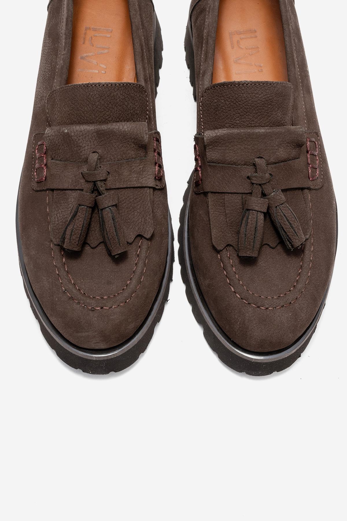 Poen - Brown Nubuck Genuine Leather Tassel Loafer – side view showing leather, Vowalisse