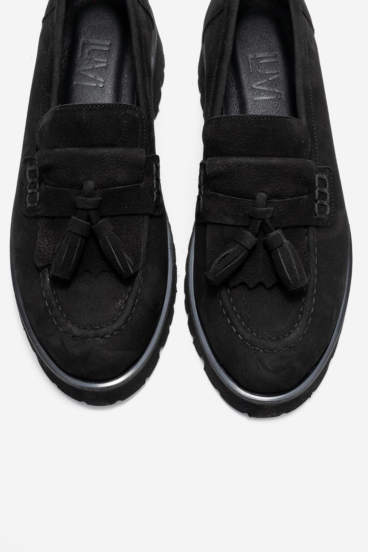Poen - Black Nubuck Genuine Leather Tassel Loafer – side view showing leather, black, Vowalisse