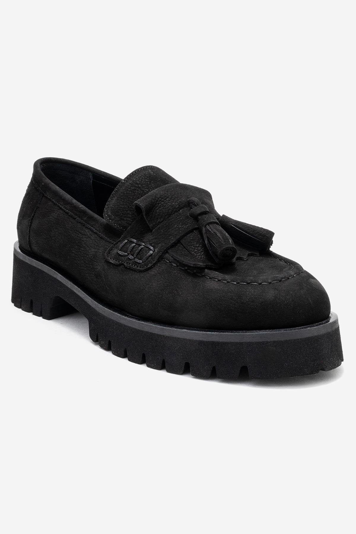 Poen - Black Nubuck Genuine Leather Tassel Loafer – detail view showing leather, black, Vowalisse