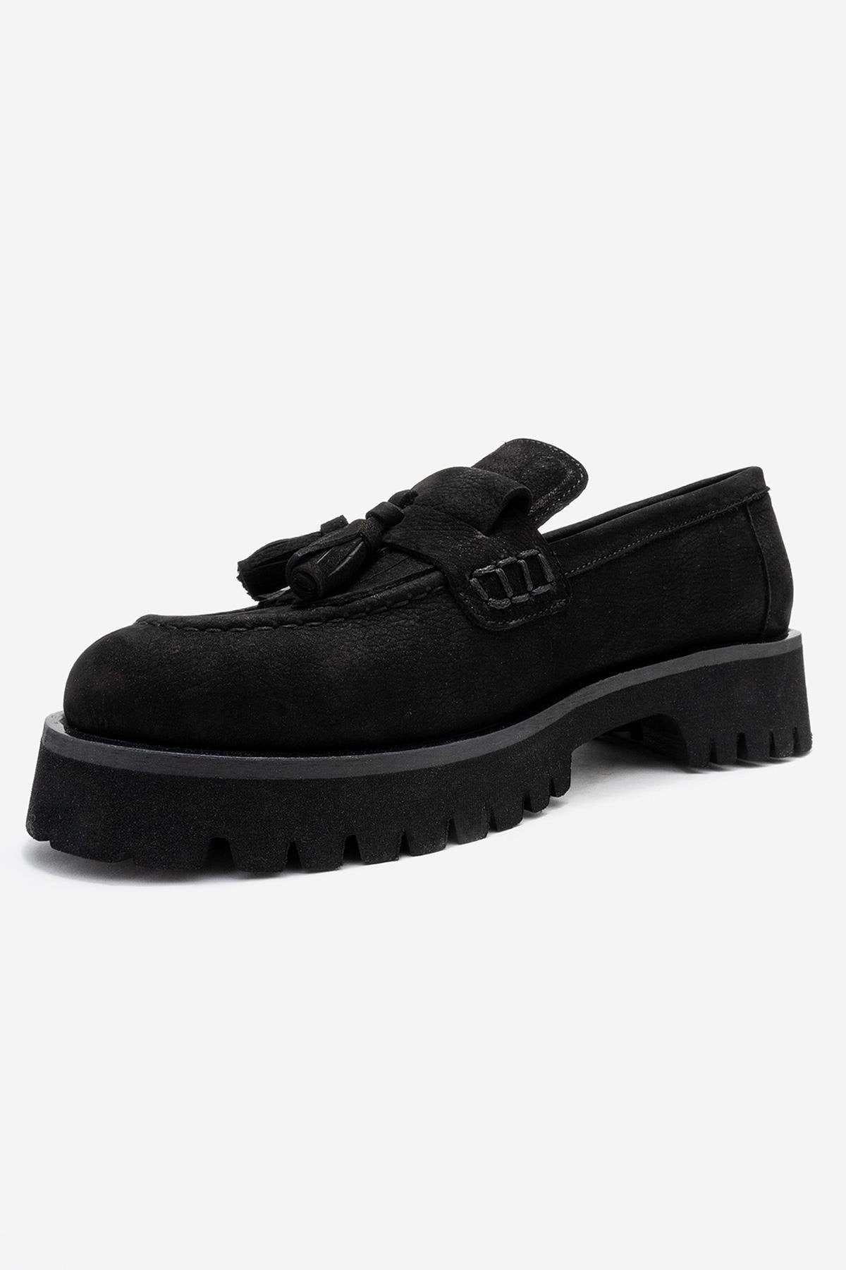 Poen - Black Nubuck Genuine Leather Tassel Loafer – heel view showing leather, black, Vowalisse