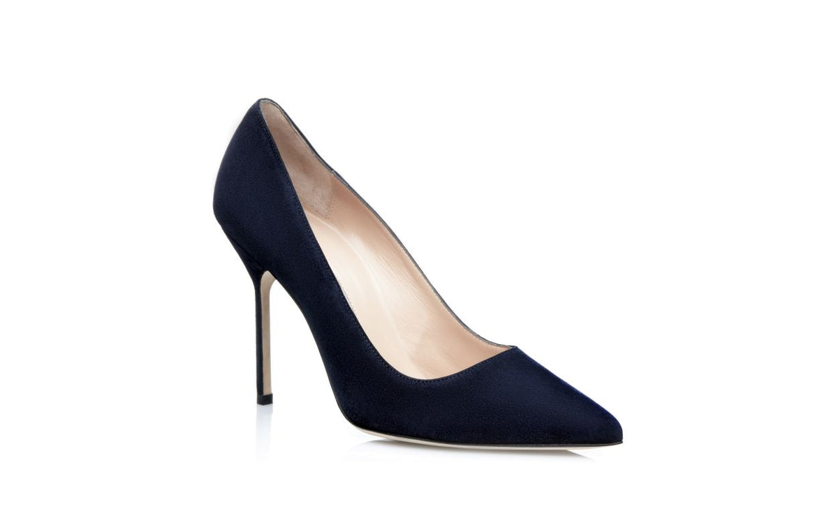 Cressida Bloom Blue Pointed Toe Pumps – top view showing blue pointed toe, suede, Vowalisse