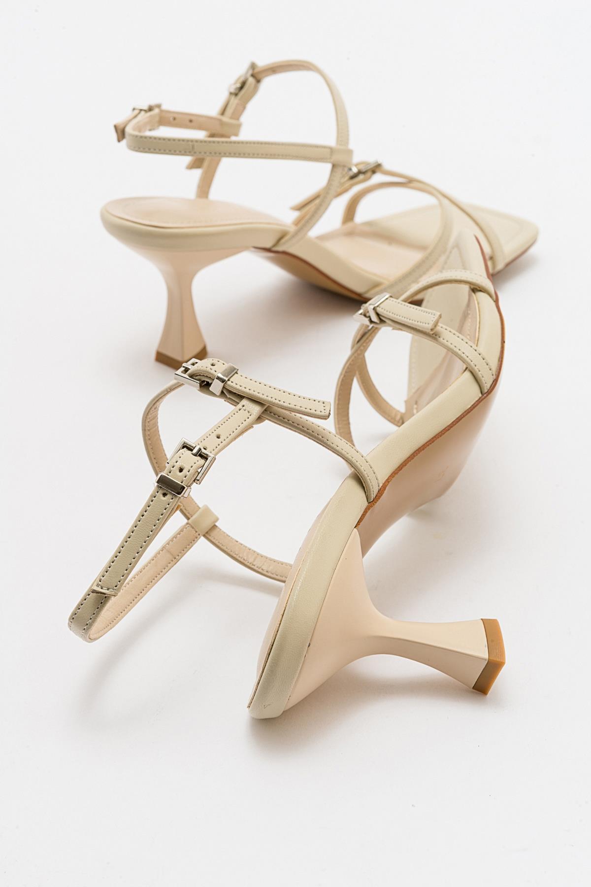 Nebel - Ecru Heeled Sandal – detail view showing leather, Vowalisse