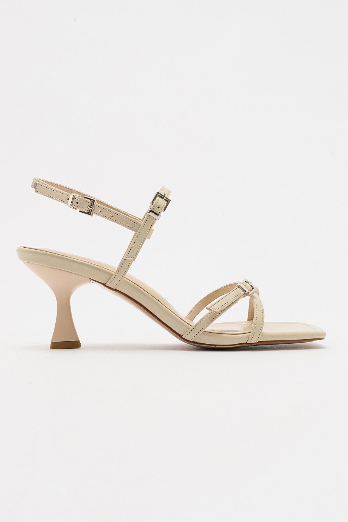 Nebel - Ecru Heeled Sandal – top view showing leather, Vowalisse