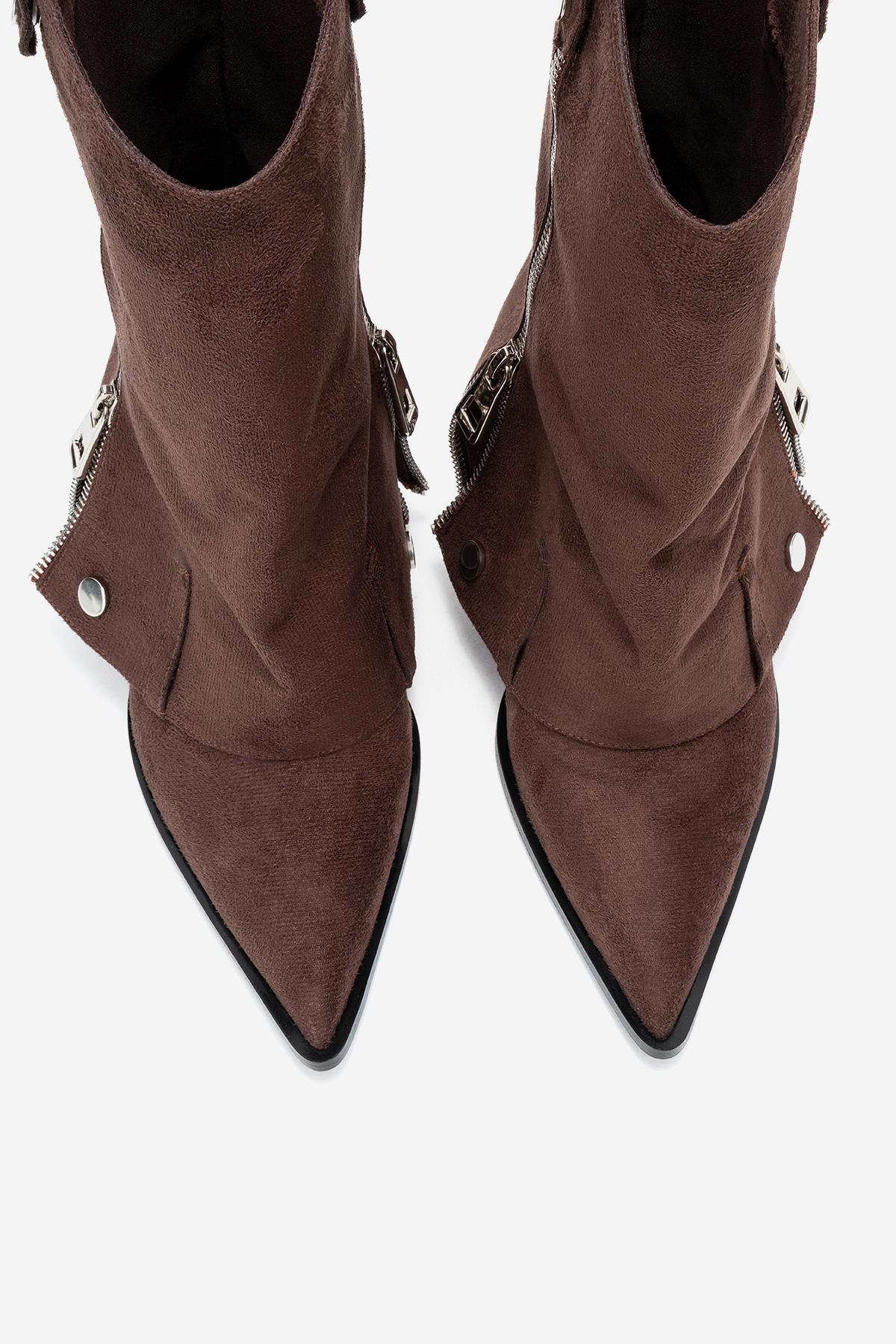 Lola - Brown Zip Pointed Toe Heeled Boot – side view showing suede, red, Vowalisse