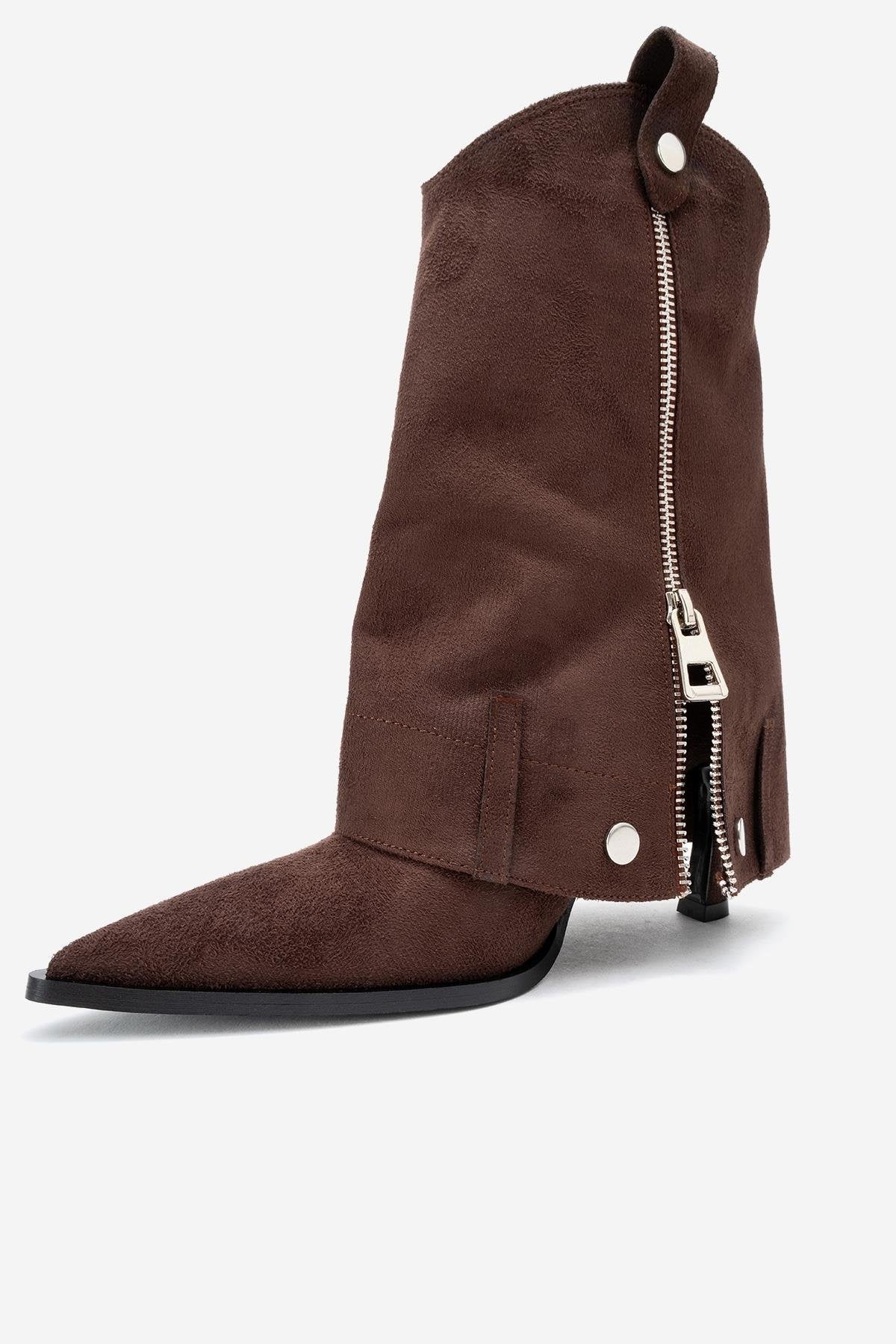 Lola - Brown Zip Pointed Toe Heeled Boot – heel view showing suede, red, Vowalisse