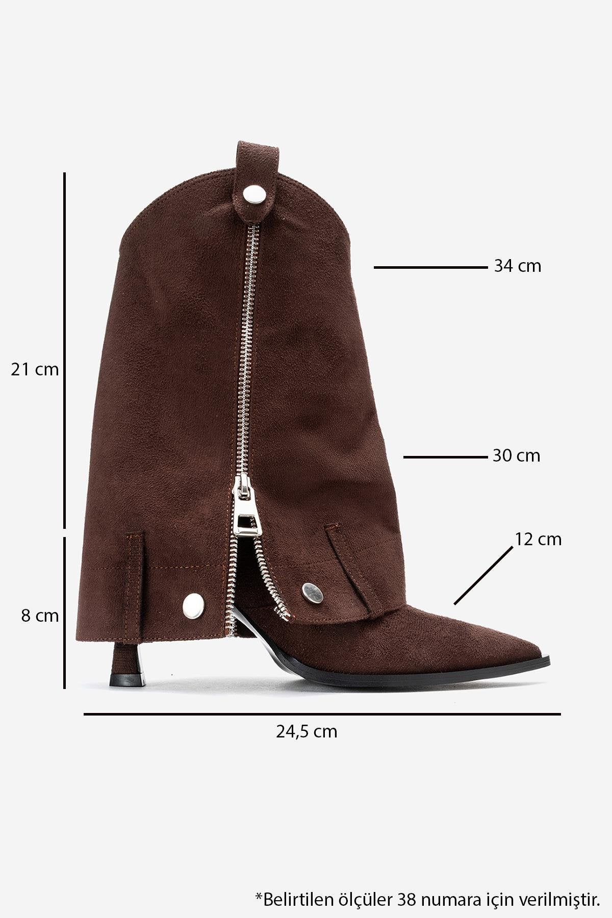 Lola - Brown Zip Pointed Toe Heeled Boot – top view showing suede, red, Vowalisse