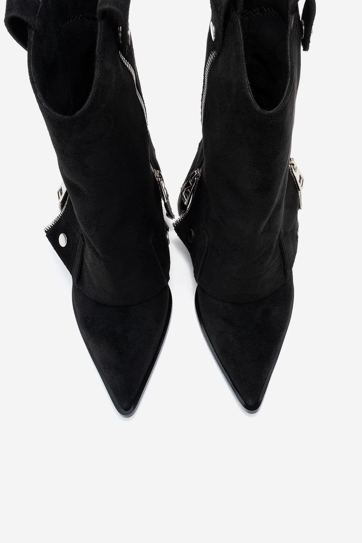 Lola - Black Zip Pointed Toe Heeled Boot – side view showing suede, black, Vowalisse