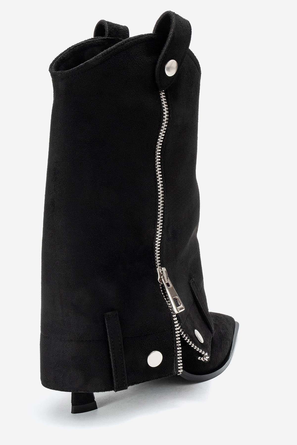 Lola - Black Zip Pointed Toe Heeled Boot – back view showing suede, black, Vowalisse