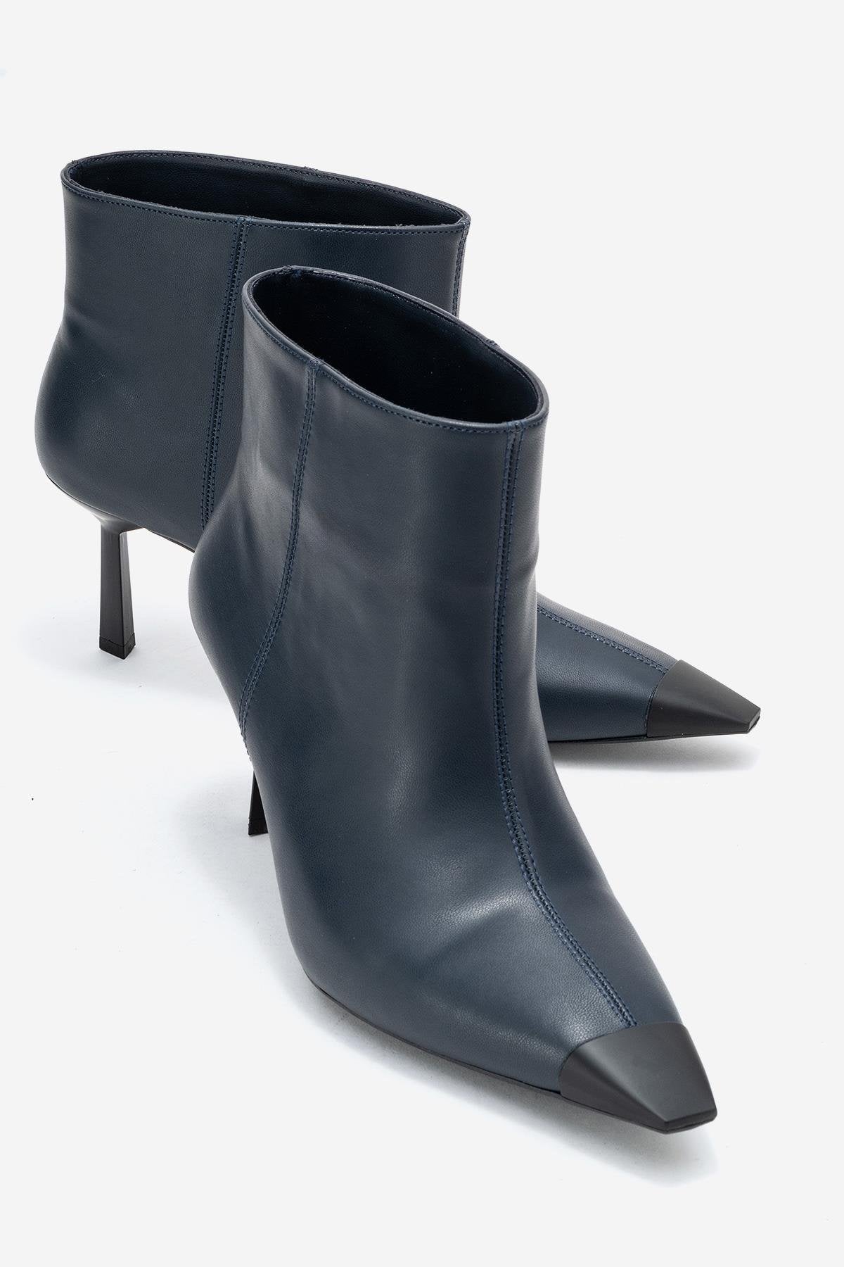 Rassel - Navy Smooth Pointed Toe Stiletto Heel Ankle Boot – front three-quarter view showing leather, red, Vowalisse