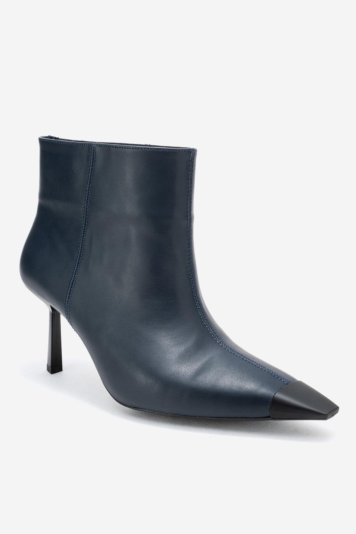Rassel - Navy Smooth Pointed Toe Stiletto Heel Ankle Boot – detail view showing leather, red, Vowalisse