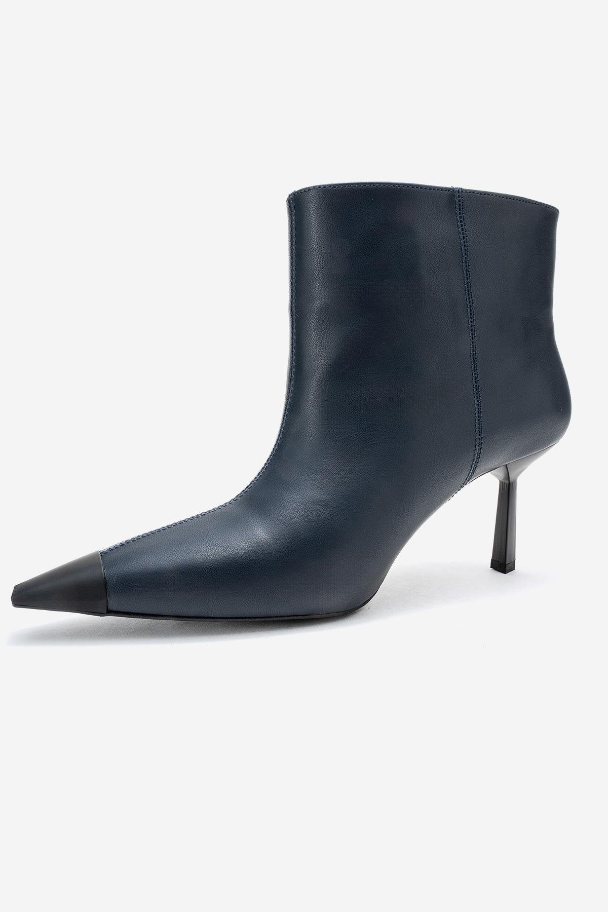 Rassel - Navy Smooth Pointed Toe Stiletto Heel Ankle Boot – heel view showing leather, red, Vowalisse