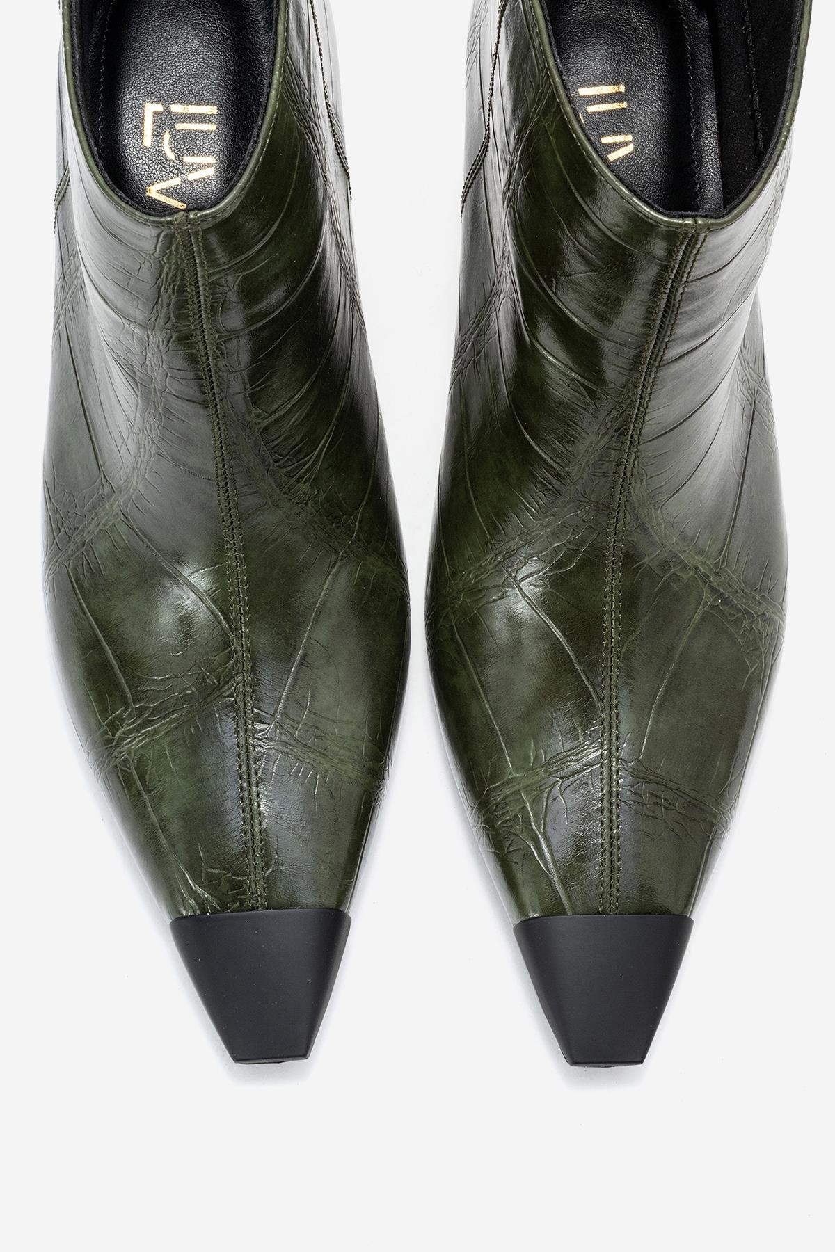 Rassel - Green Croc-Embossed Pointed Toe Stiletto Heel Ankle Boot – side view showing leather, green, Vowalisse