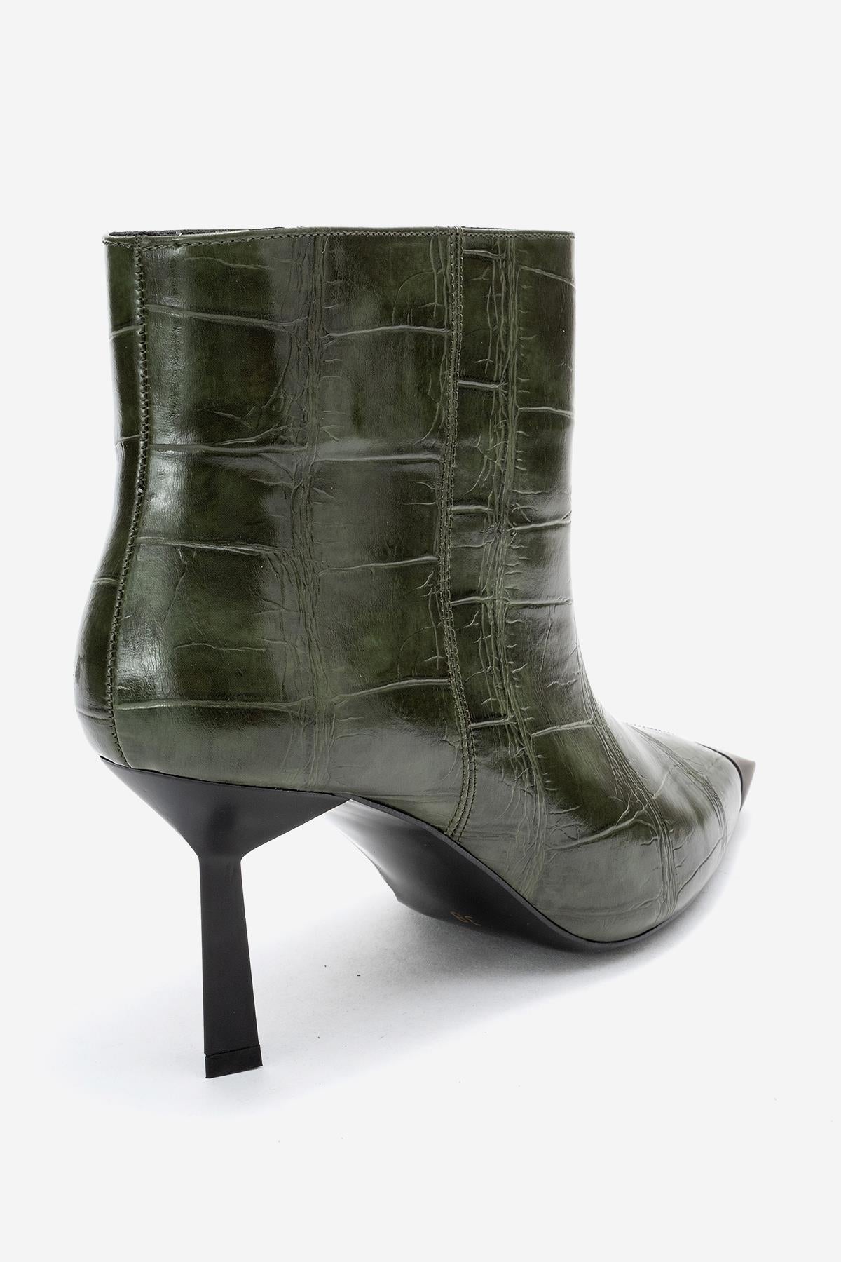 Rassel - Green Croc-Embossed Pointed Toe Stiletto Heel Ankle Boot – back view showing leather, green, Vowalisse