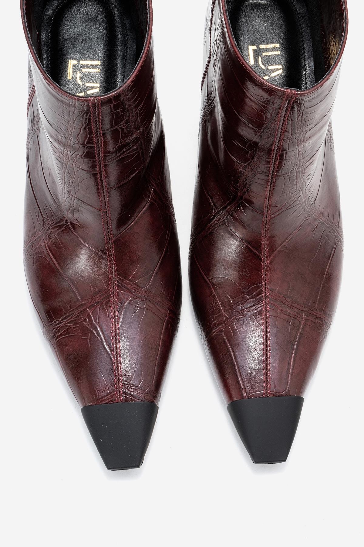 Rassel - Burgundy Croc-Embossed Pointed Toe Stiletto Heel Ankle Boot – side view showing leather, red, Vowalisse