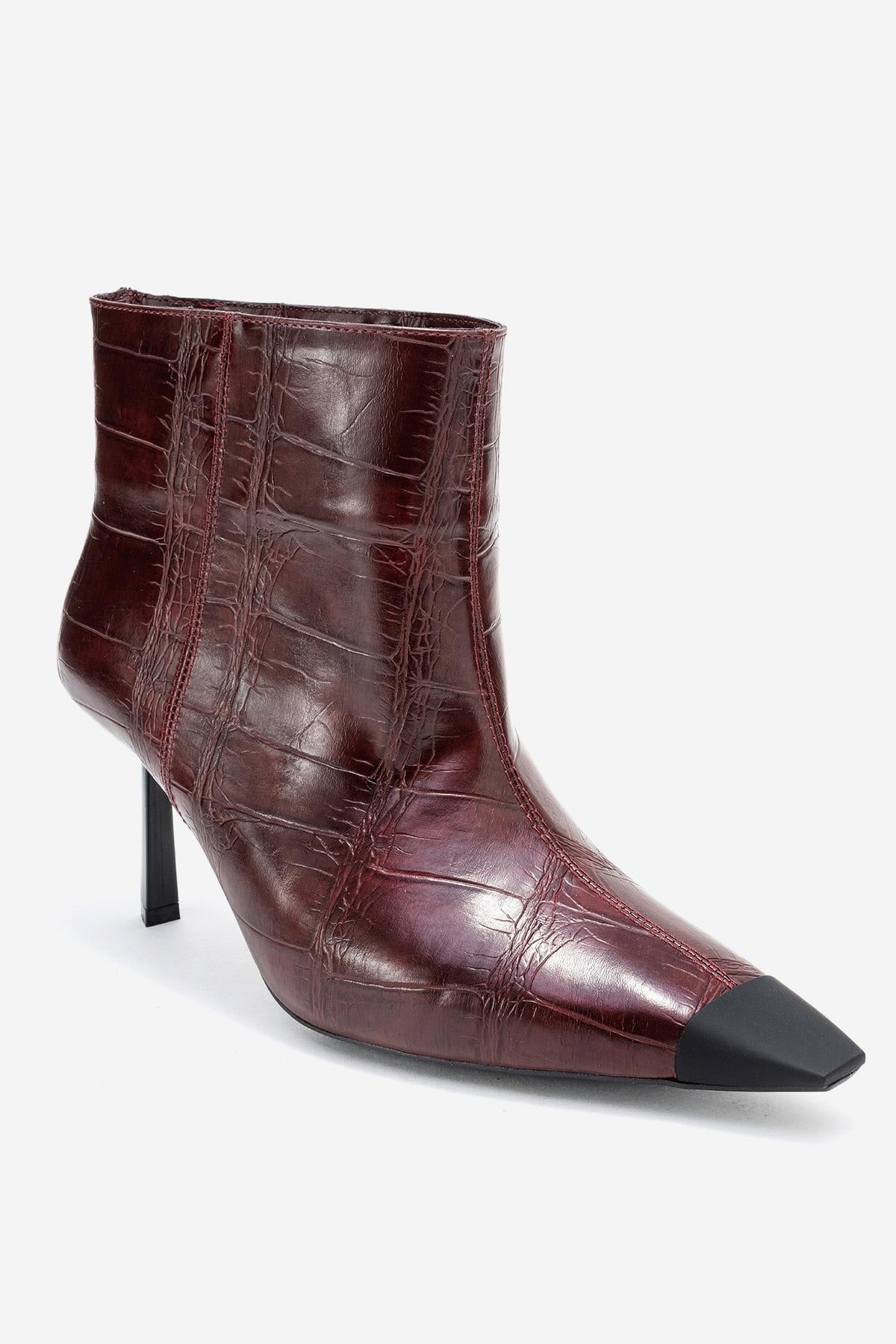 Rassel - Burgundy Croc-Embossed Pointed Toe Stiletto Heel Ankle Boot – detail view showing leather, red, Vowalisse