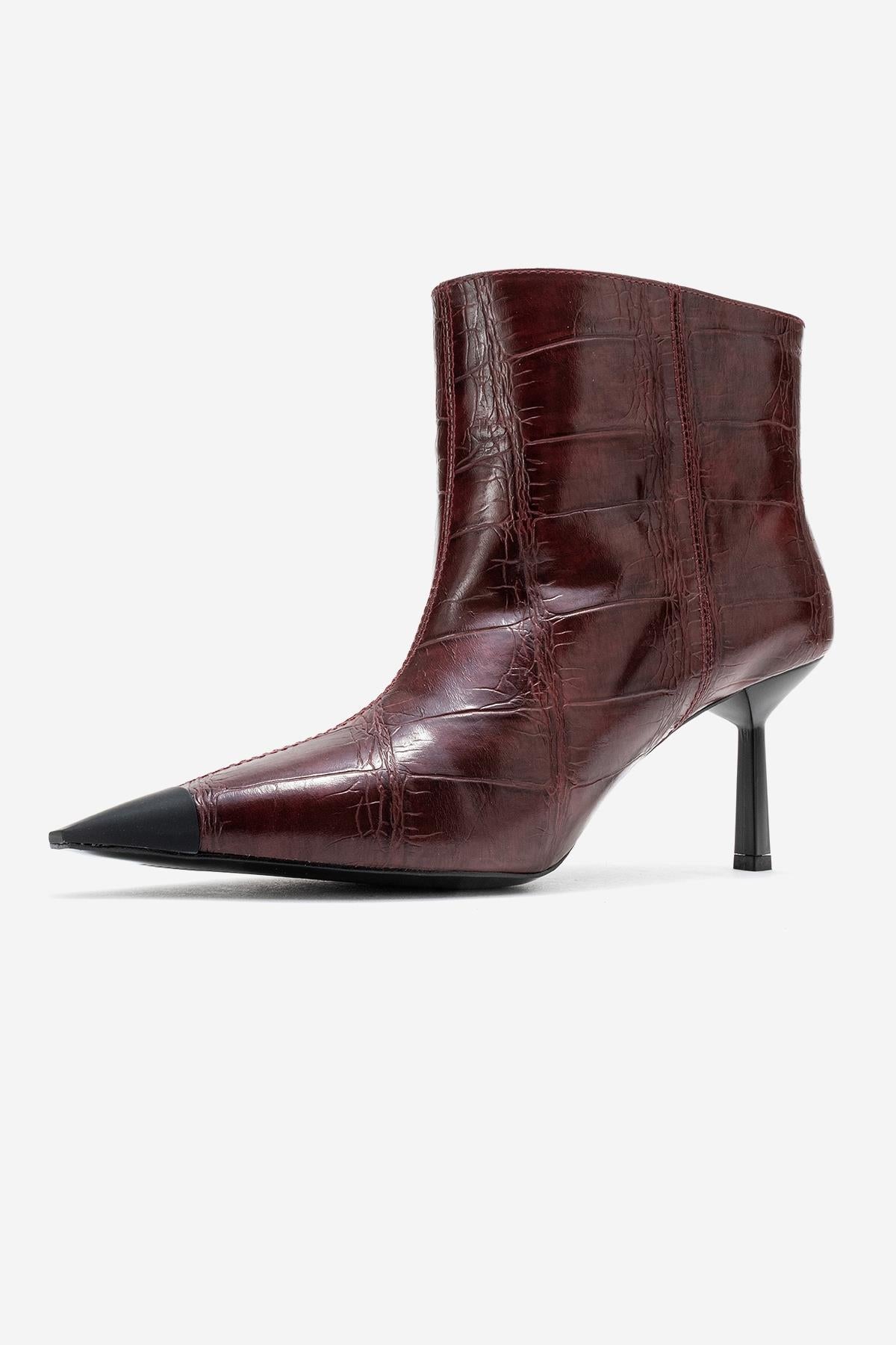 Rassel - Burgundy Croc-Embossed Pointed Toe Stiletto Heel Ankle Boot – heel view showing leather, red, Vowalisse