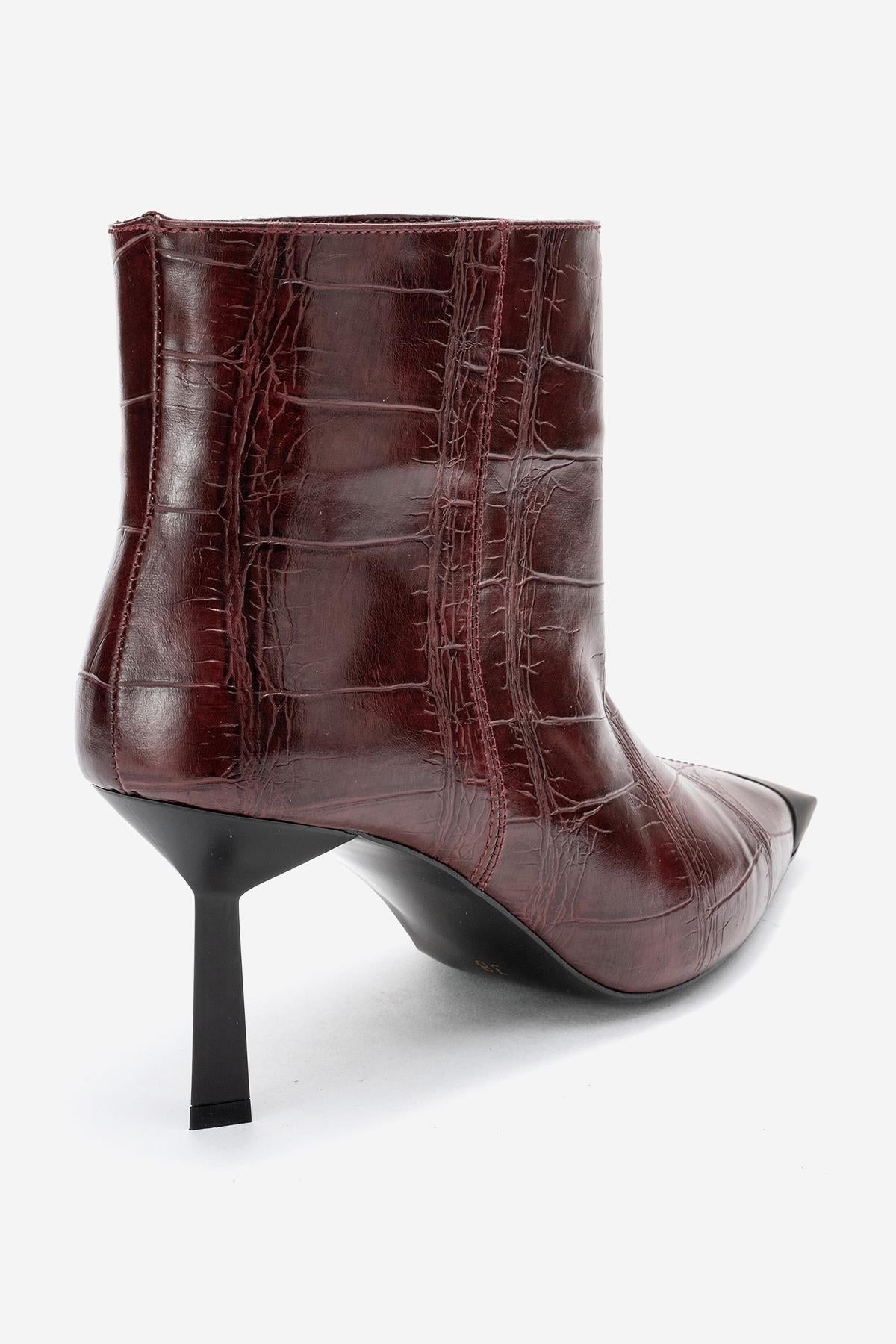 Rassel - Burgundy Croc-Embossed Pointed Toe Stiletto Heel Ankle Boot – back view showing leather, red, Vowalisse