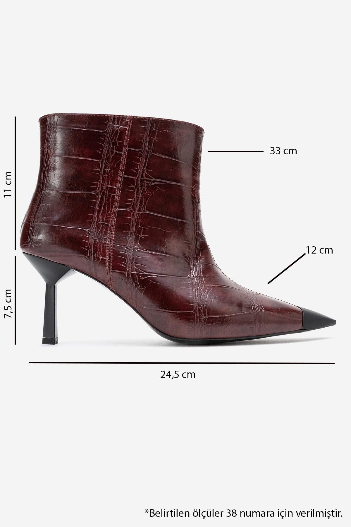 Rassel - Burgundy Croc-Embossed Pointed Toe Stiletto Heel Ankle Boot – top view showing leather, red, Vowalisse