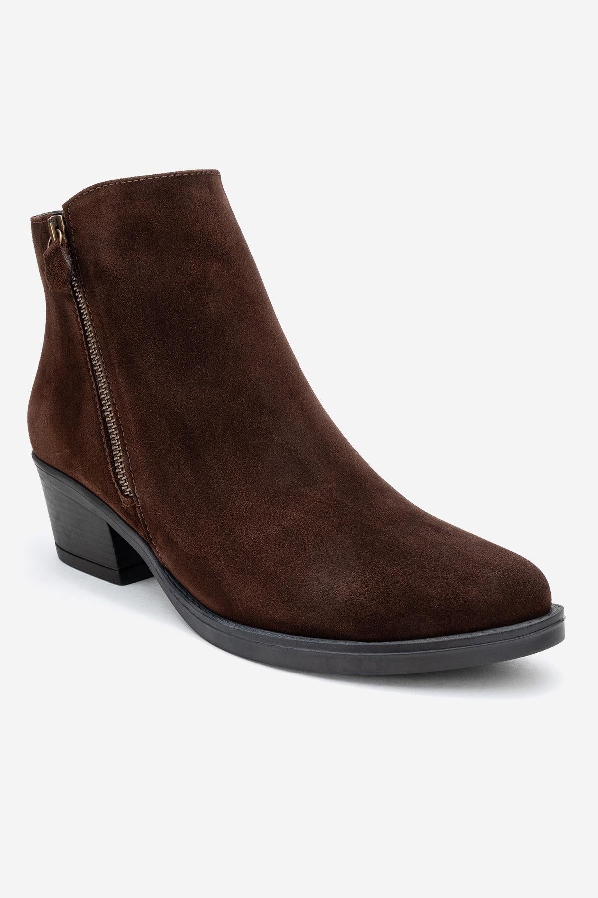 Jayer - Brown Suede Genuine Leather Zip Ankle Boot – detail view showing leather, suede, Vowalisse
